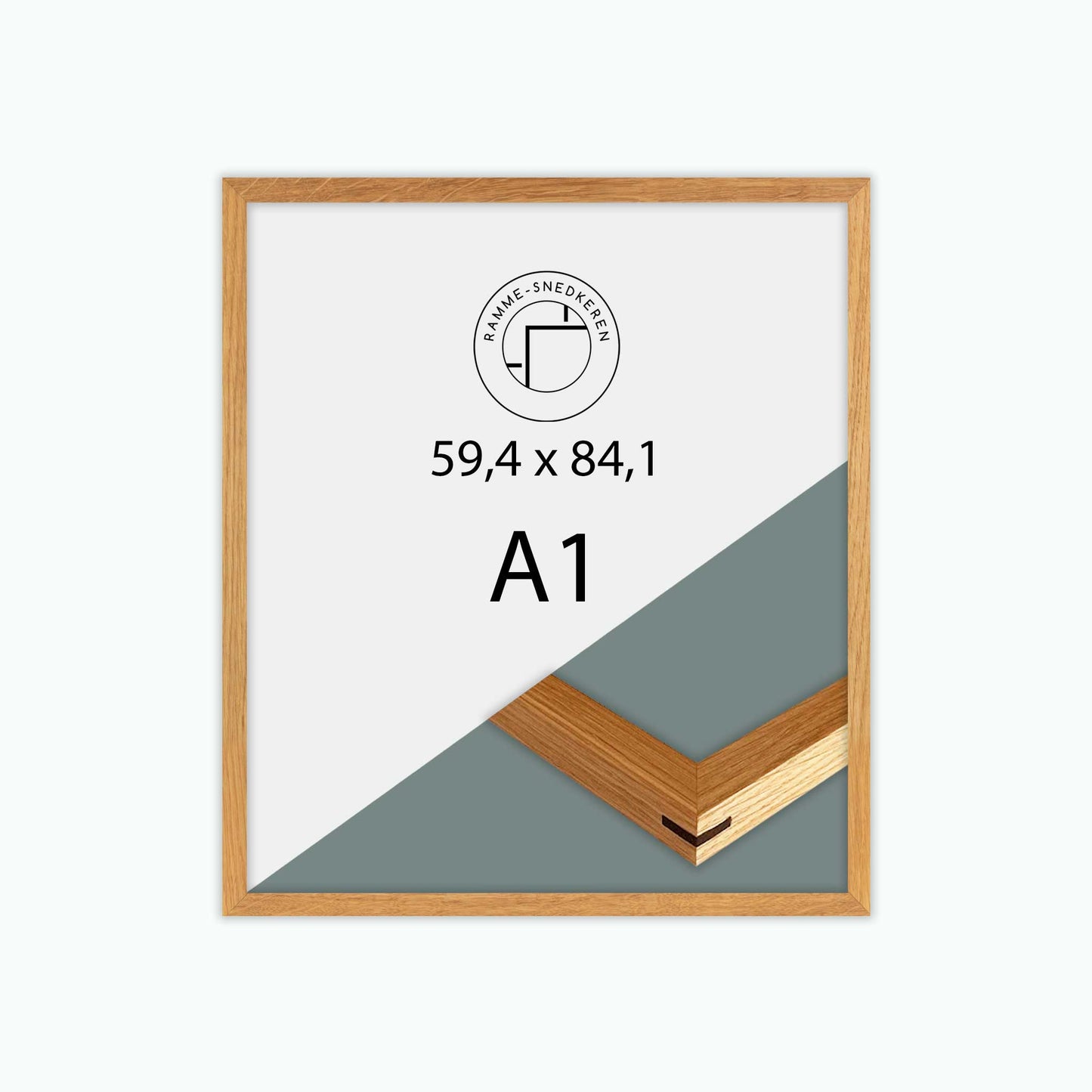 Snedkerramme massiv eg – 59,4x84,1 (A1) – Bred m. snedkersamling – Ægte glas – Olie/voksbehandlet – Håndlavet i Danmark